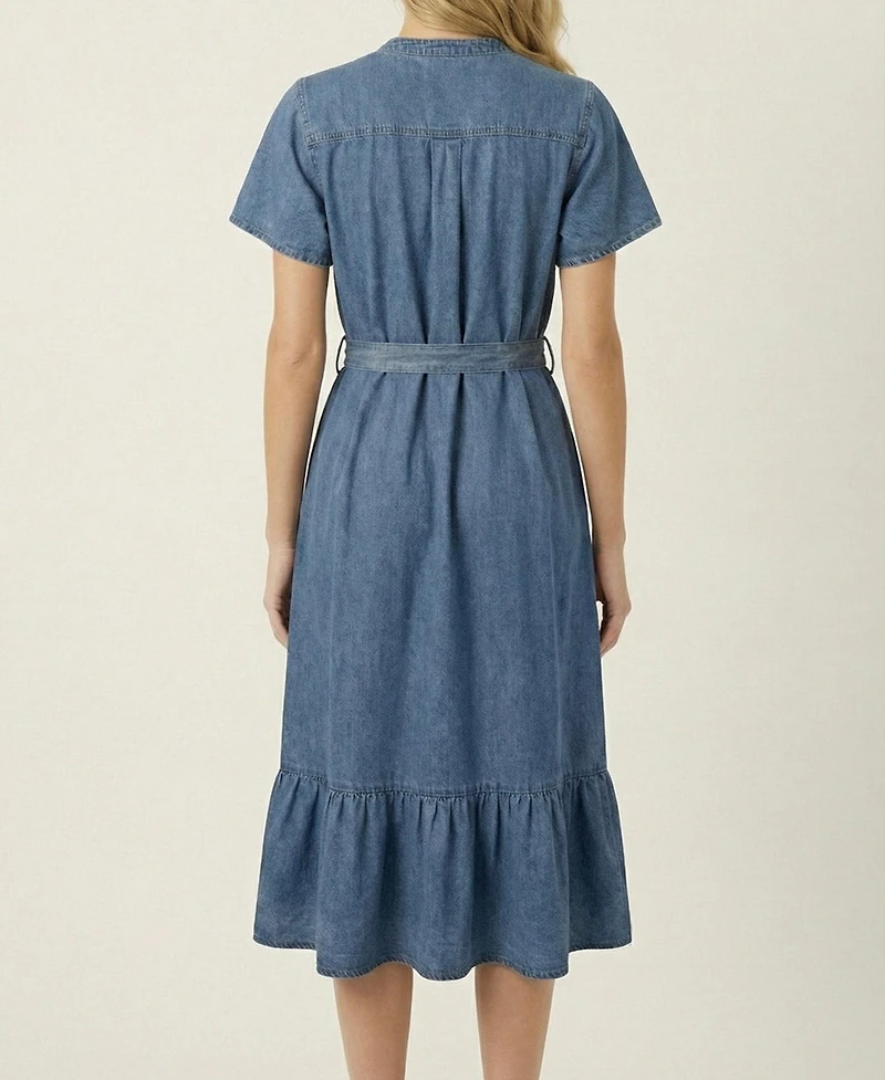 Modenaire Women's Belted Denim Midi Shirt Dress