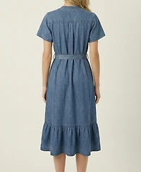 Modenaire Women's Belted Denim Midi Shirt Dress
