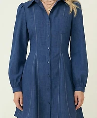 Modenaire Women's Long-Sleeve Denim Contrast-Stitch Shirt Dress