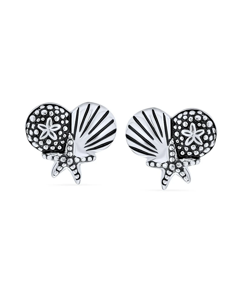 Bling Jewelry Tropical Vacation Beach Escape Sand Dollar Starfish Seashell Stud Earrings .925 Sterling Silver