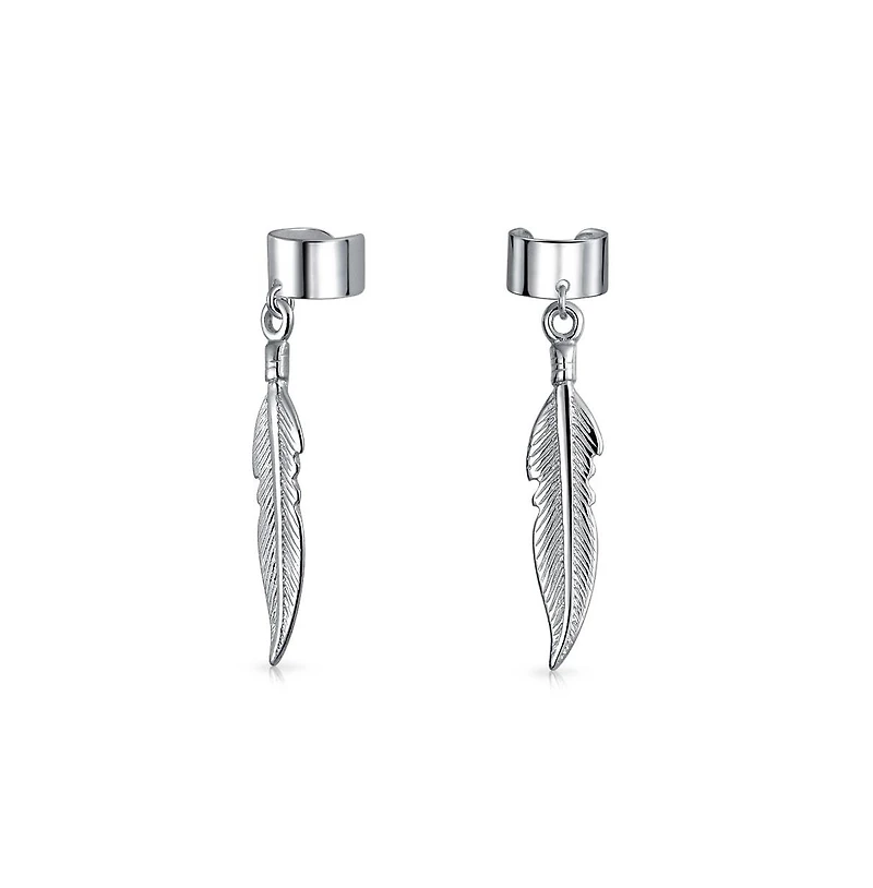 Bling Jewelry Feather Ear Lobe Earrings Dangling Leaf Cartilage Cuff Earrings .925 Sterling Silver