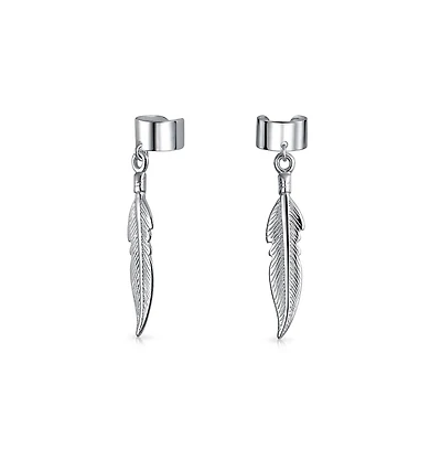 Bling Jewelry Feather Ear Lobe Earrings Dangling Leaf Cartilage Cuff Earrings .925 Sterling Silver