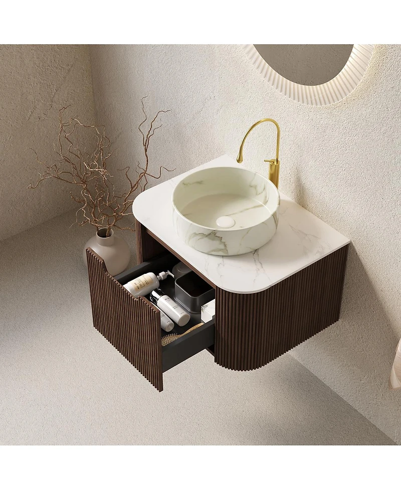 Sillysis Wall Mounted Bathroom Vanity with Sintered Stone Top, Round Ceramic Basin, Stripe Drawer