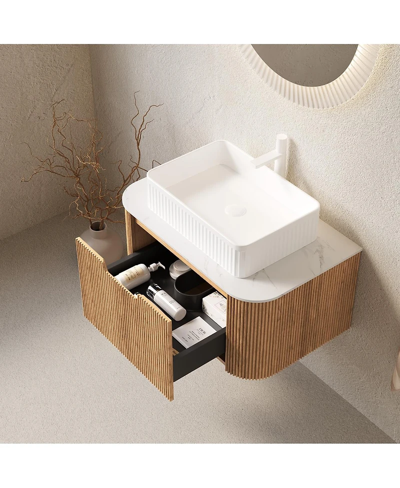 Sillysis Wall Mounted Bathroom Vanity with Rectangular Ceramic Sink, Modern Wood Grain Cabinet, Soft Close Drawer, Pre-assembled