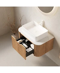 Sillysis Wall Mounted Bathroom Vanity with Rectangular Ceramic Sink, Modern Wood Grain Cabinet, Soft Close Drawer, Pre-assembled