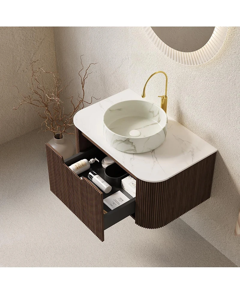 Sillysis Wall Mounted Bathroom Vanity with Sintered Stone Top, Round Ceramic Basin, Stripe Drawer
