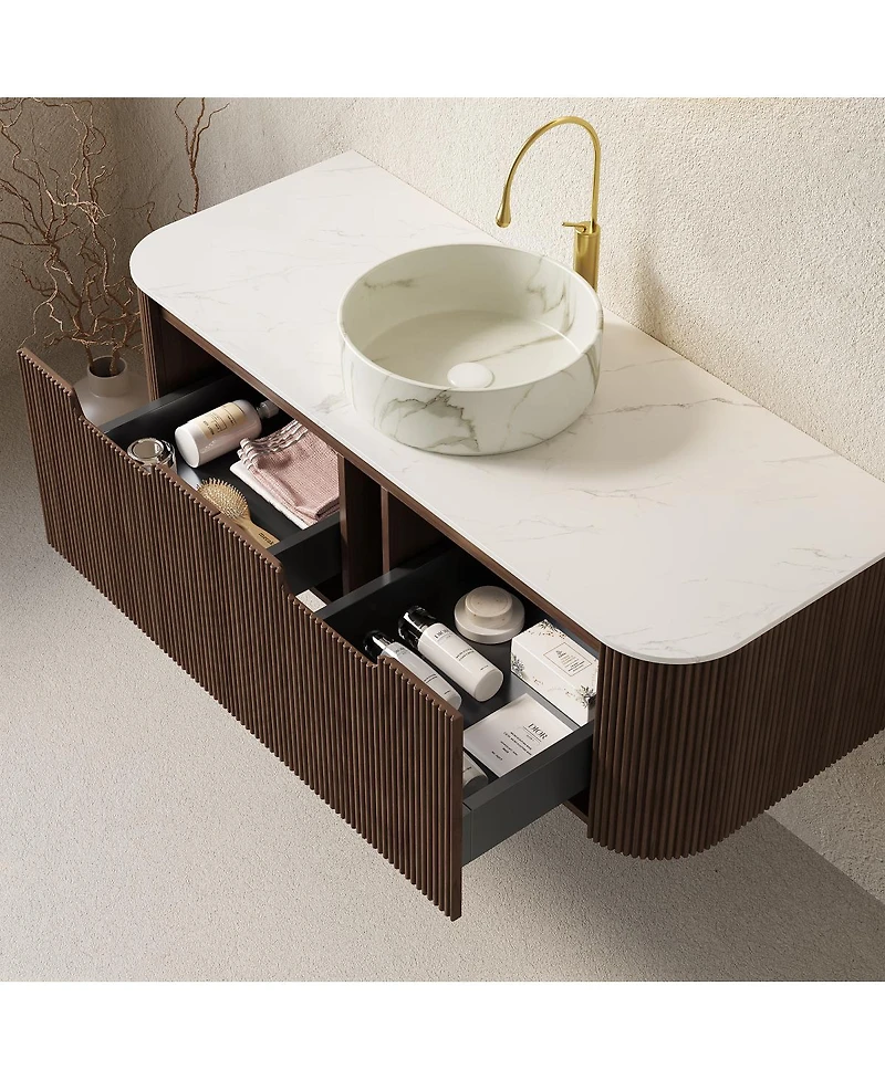 Sillysis Wall Mounted Bathroom Vanity with Sintered Stone Top, Round Ceramic Basin, Stripe Drawer, Pre-assemble
