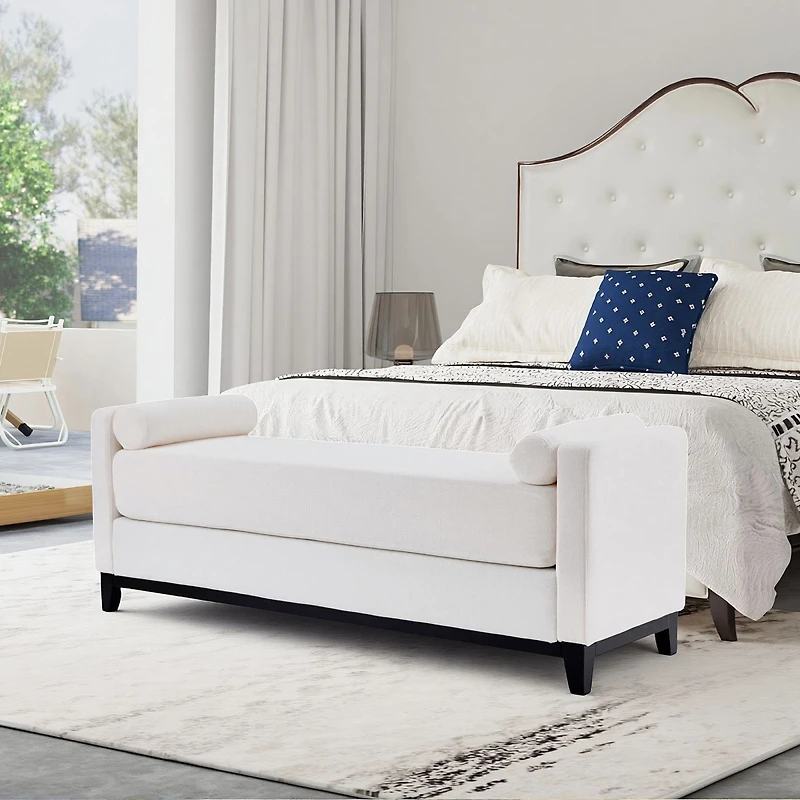 Streamdale Furniture Sherpa Fleece Upholstered Bench with Wood Legs and 2 Bolster Pillows