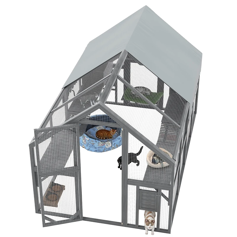 Streamdale Furniture Large Wooden Outdoor Cat Enclosure with 7 Platforms, 2 Boxes, and 2 Bridges