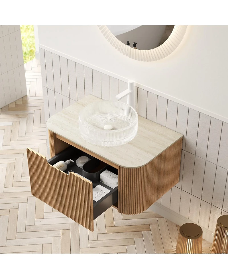 Sillysis Wall Mounted Bathroom Vanity with Crystal Glass Round Sink, Wood Grain Cabinet, Sintered Stone Top