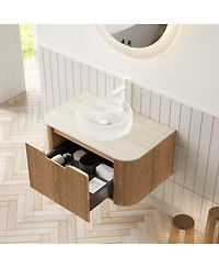 Sillysis Wall Mounted Bathroom Vanity with Crystal Glass Round Sink, Wood Grain Cabinet, Sintered Stone Top