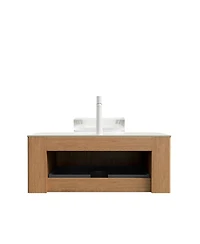 Sillysis Wall Mounted Bathroom Vanity with Crystal Glass Round Sink, Wood Grain Cabinet, Sintered Stone Top