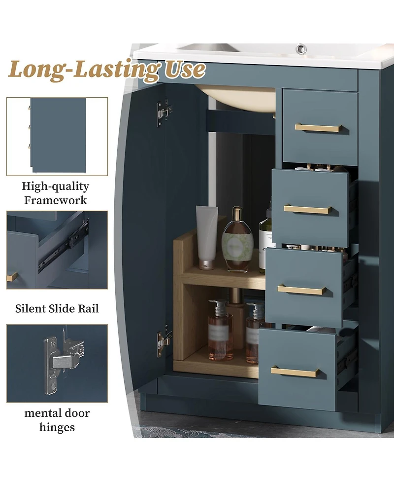 Sillysis 24 Inch Modern Bathroom Vanity with Sink, Solid Wood Mdf Cabinet 3 Soft Close Drawers, Space-Saving Storage
