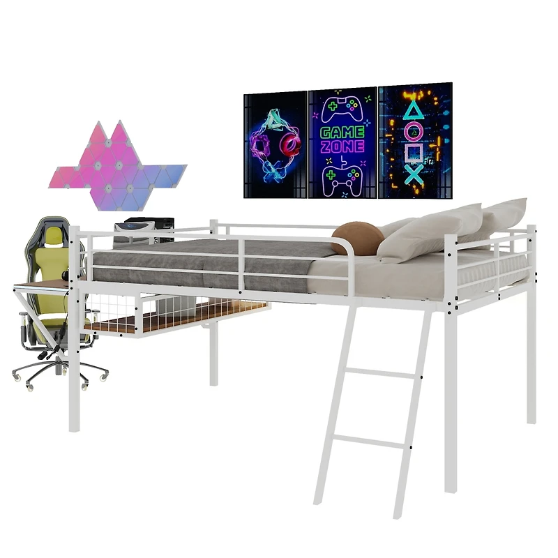 Streamdale Furniture Metal Loft Bed with Desk, Led Lights, and Storage