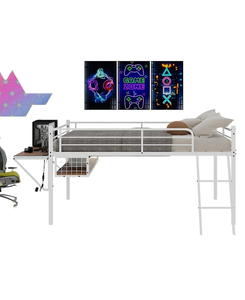 Streamdale Furniture Metal Loft Bed with Desk, Led Lights, and Storage