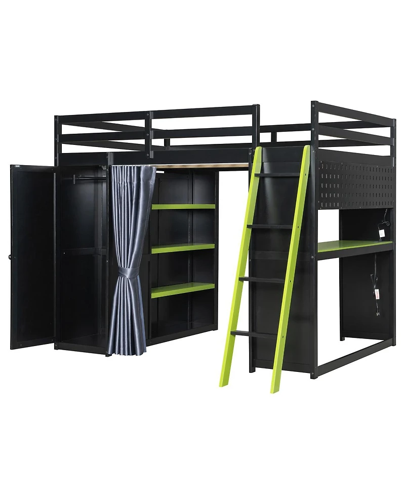 Streamdale Furniture Wood Loft Bed with Wardrobe, Shelves, Curtains and Rgb Lights