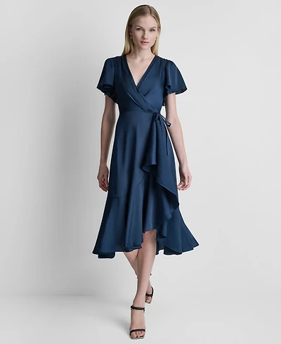Dkny Women's Side Tie Faux Wrap Midi Dress