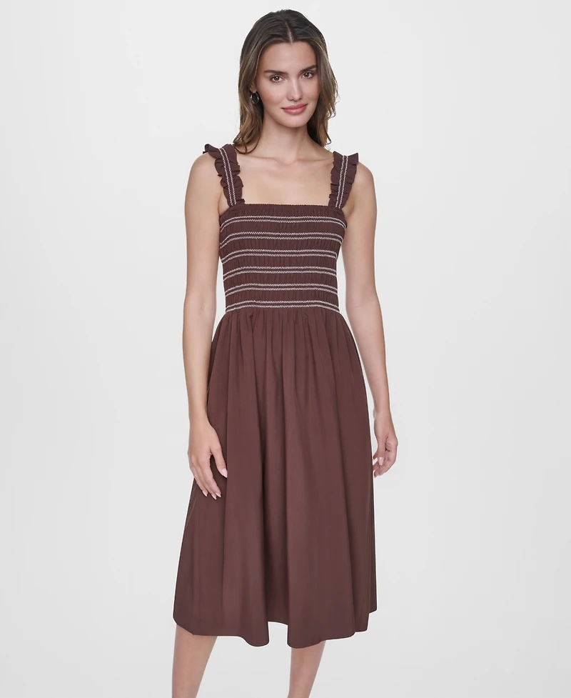 Dkny Women's Smocked Bodice Sleeveless Midi Dress