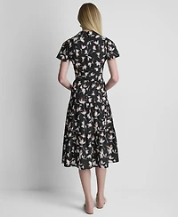Dkny Women's Flutter-Sleeve Tiered Printed Midi Dress