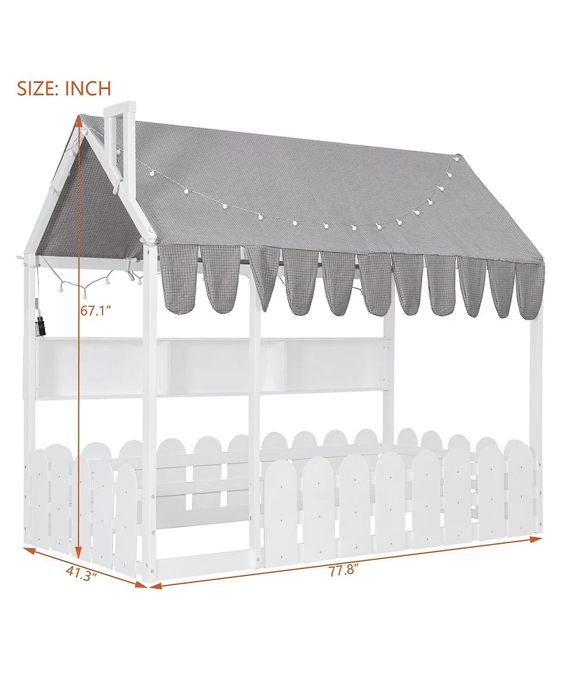 Streamdale Furniture Montessori House Bed with Fence, Storage and Lights (Slats Not Included)