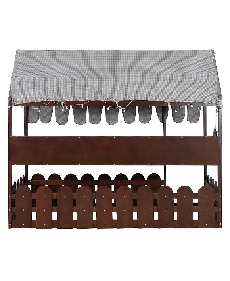Streamdale Furniture Montessori House Bed with Fence, Storage Shelves and Lights
