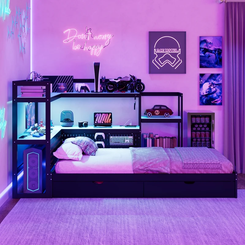 Streamdale Furniture Gaming Daybed with Desk, Led Lights