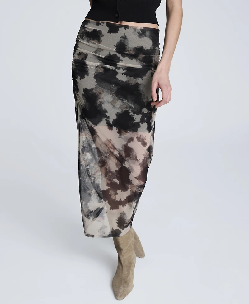 Kenneth Cole Women's Side Ruched Printed Mesh Midi Skirt