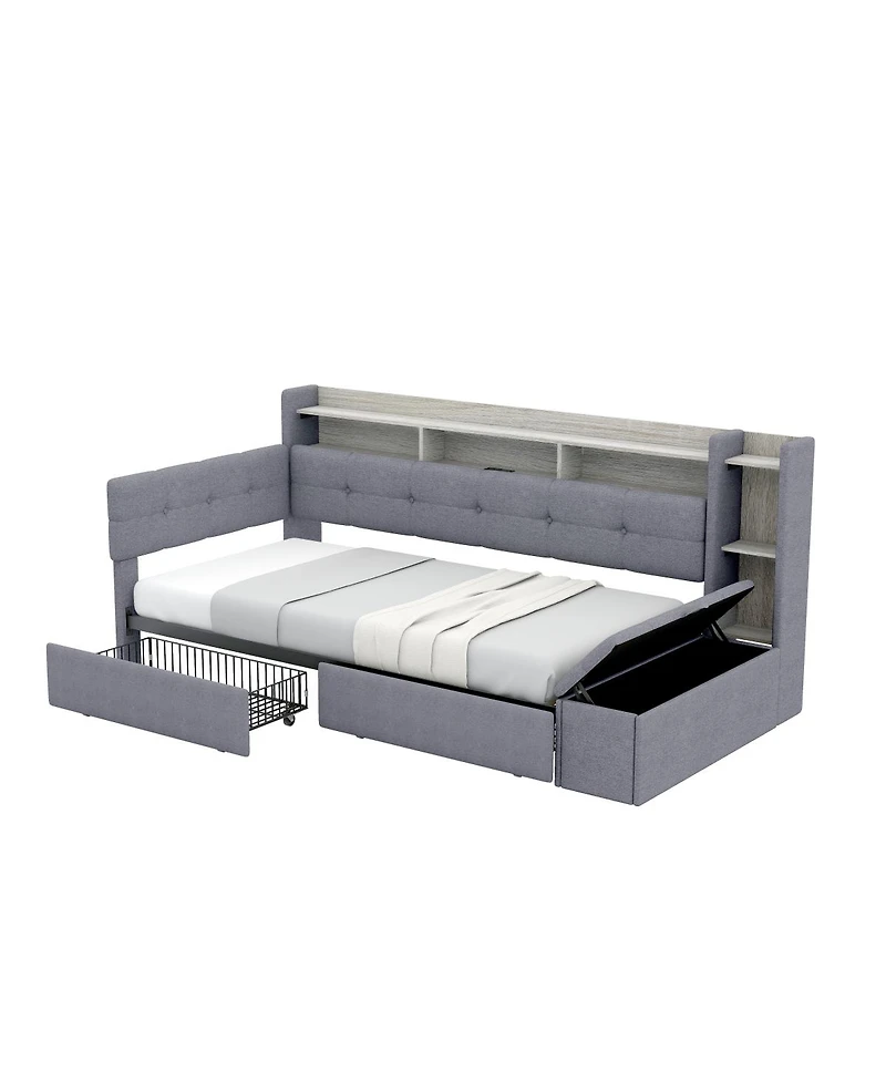 Streamdale Furniture Upholstered Daybed with Storage, Drawers, Usb, Led and Shelves