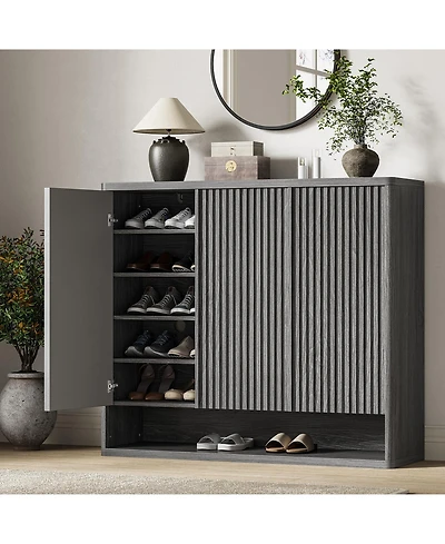 homfan 46 Inch Wooden Shoe Storage Cabinet with Fluted Door and Adjustable Shelves, Large Entryway Organizer Holding 30-35 Pairs for Living Room