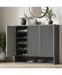 homfan 46 Inch Wooden Shoe Storage Cabinet with Fluted Door and Adjustable Shelves, Large Entryway Organizer Holding 30-35 Pairs for Living Room