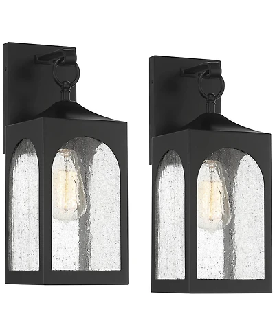 Possini Euro Design Tyne Modern Outdoor Wall Light Fixtures Set of 2 Matte Black Metal 16 1/2" Seedy Glass for Post Exterior Barn Deck