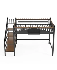 Streamdale Furniture Queen Size Metal Loft Bed with Storage Stairs and Bookshelf