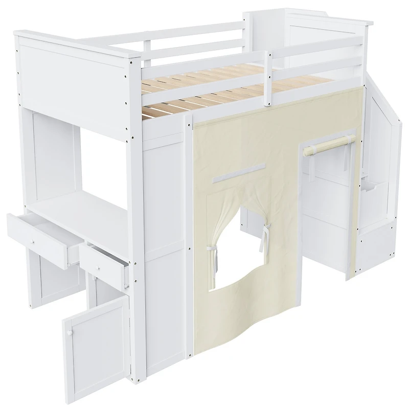 Streamdale Furniture Twin Loft Bed with Desk, Lockers, Drawers, Storage Stairs, and Curtain