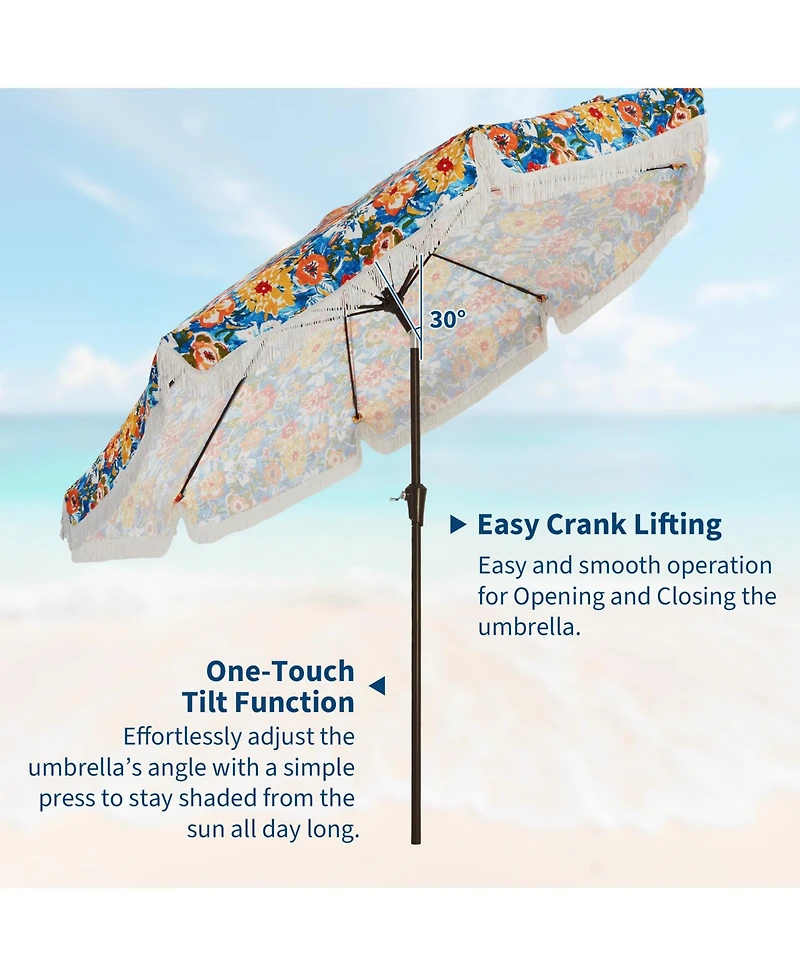 gaomon Patio Outdoor Table Umbrella with Retro Fringe with Crank Handle for Backyard, Pool, Camping, Flower Pattern
