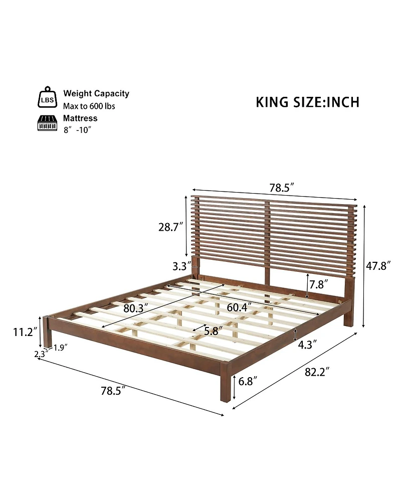 Streamdale Furniture Premium Solid Wood King Bed Frame, Walnut, 600lbs Capacity, No Box Spring Needed