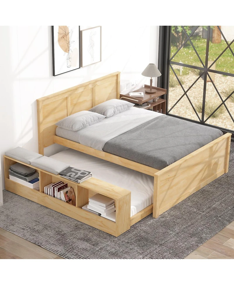 Streamdale Furniture Full Size Wooden Platform bed with Pull Out Trundle,Storage Cabinet