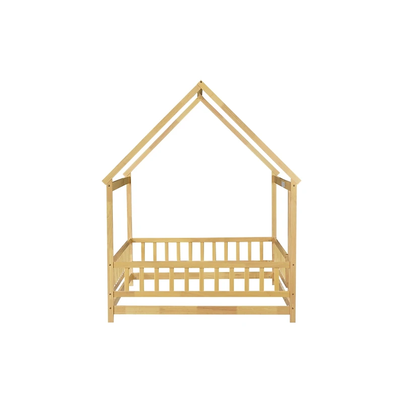 Streamdale Furniture Full Size House Floor Wooden Bed with Roof Frame, Safety Guardrails