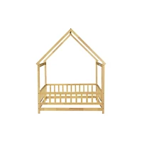Streamdale Furniture Full Size House Floor Wooden Bed with Roof Frame, Safety Guardrails