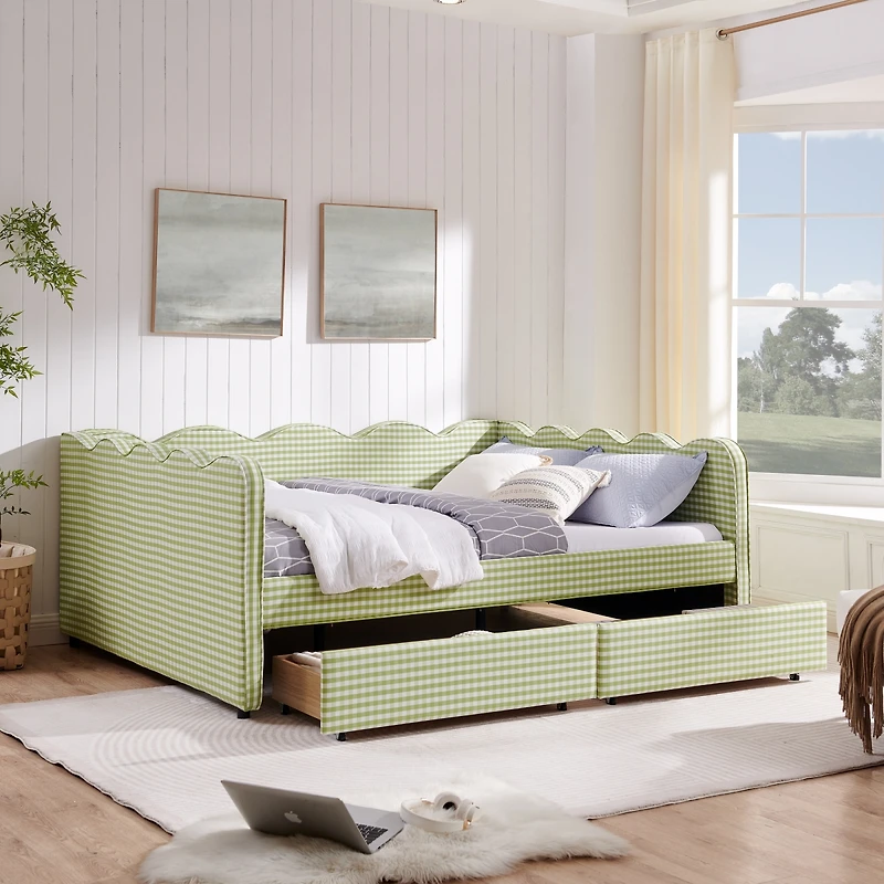 Streamdale Furniture Queen Size Gingham Daybed with Storage Drawers, Usb Port and Wave Headboard