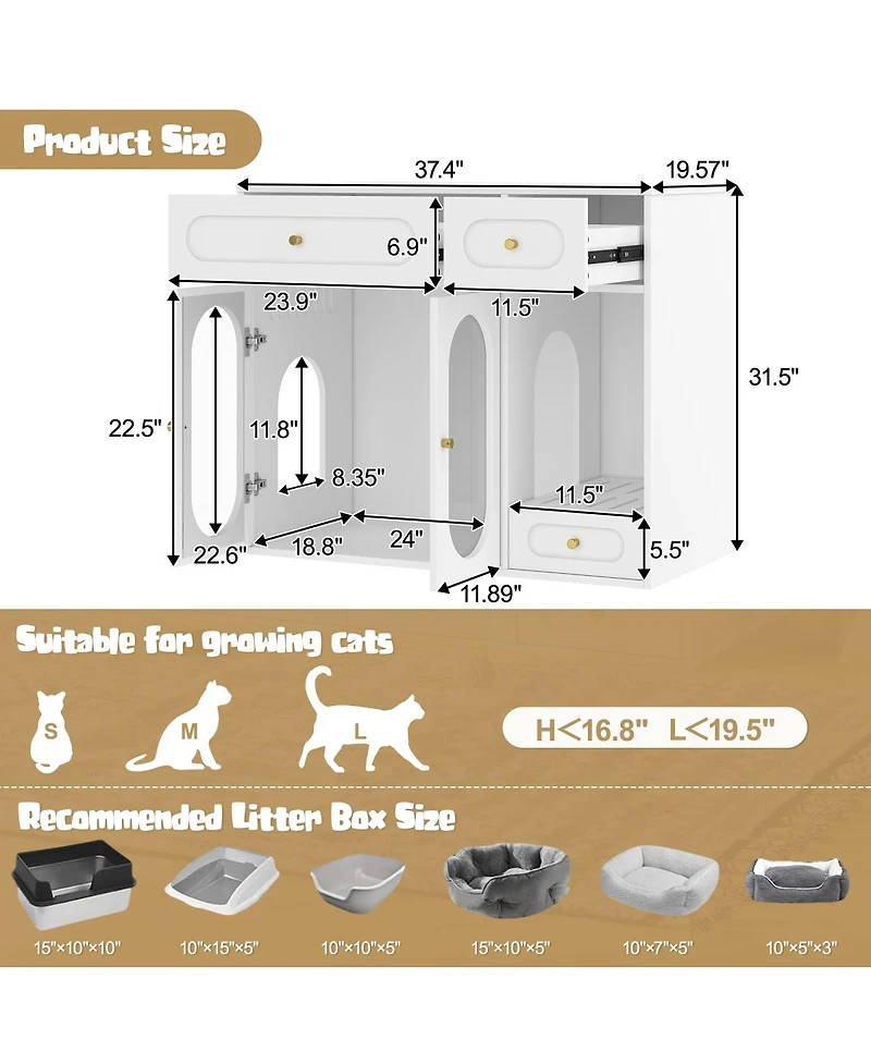 Streamdale Furniture Cat Litter Box Enclosure With Led Light, Storage Drawers, And Acrylic Doors