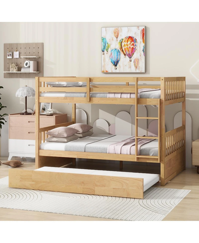 Streamdale Furniture Full Over Full Rubber Wood Bunk Bed with Trundle, Convertible to 2 Beds