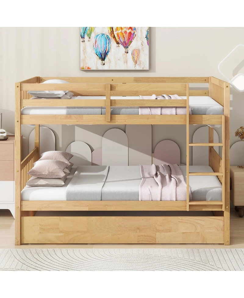 Streamdale Furniture Full Over Full Rubber Wood Bunk Bed with Trundle, Convertible to 2 Beds