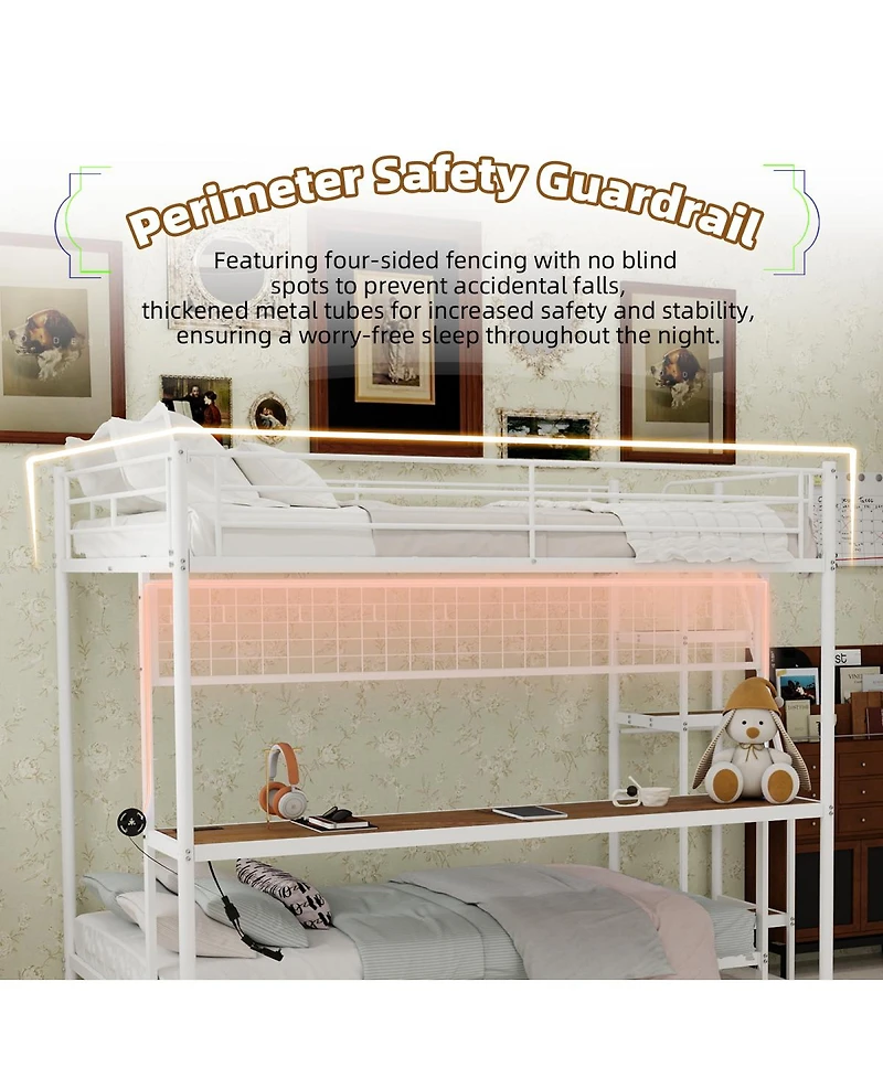 Streamdale Furniture Full Over Twin Metal Bunk Bed with Desk and Led Lighting