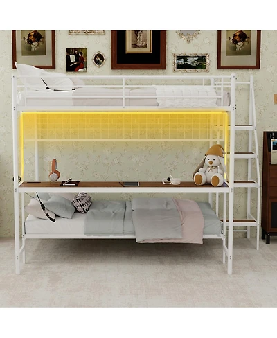 Streamdale Furniture Full Over Twin Metal Bunk Bed with Desk and Led Lighting
