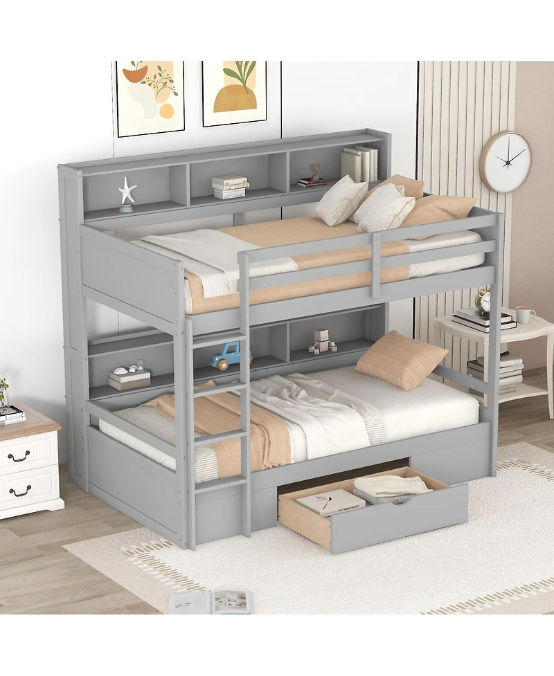 Streamdale Furniture Twin Bunk Bed with Built-in Shelves and Storage Drawer