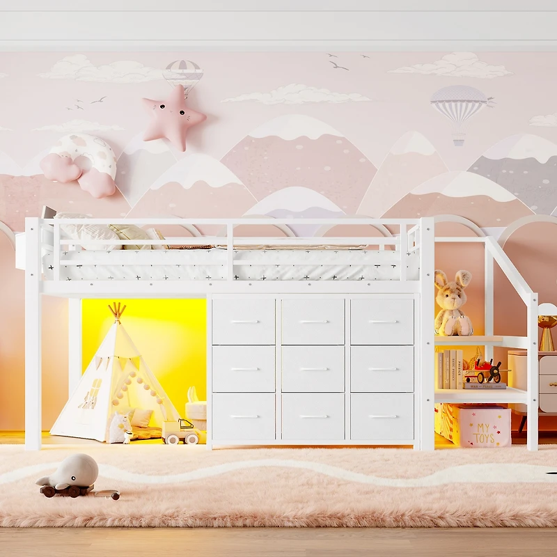 Streamdale Furniture Twin Low Loft Bed with Storage Stairs, Fabric Drawers, and Shelves
