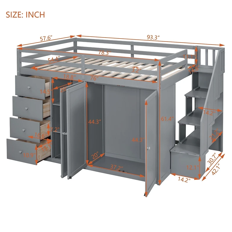 Streamdale Furniture Full Size Wood Loft Bed With Built-in Wardrobes, Cabinets and Drawers