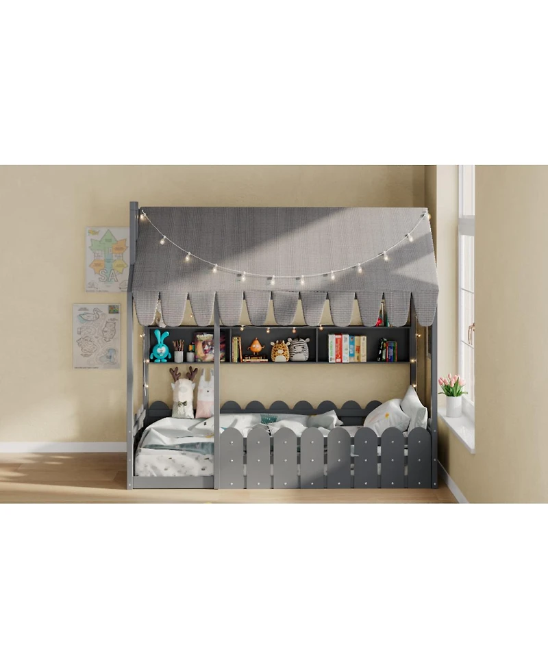 Streamdale Furniture Twin Montessori House Bed with Fence, Storage and Lights