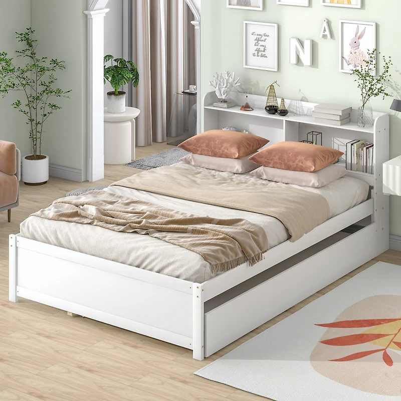 Streamdale Furniture Full Size Bed With Trundle And Bookcase Headboard