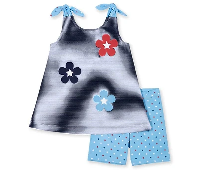 Florence Eiseman Toddler Girls Stripe Knit Short Set With Flowers and Stars
